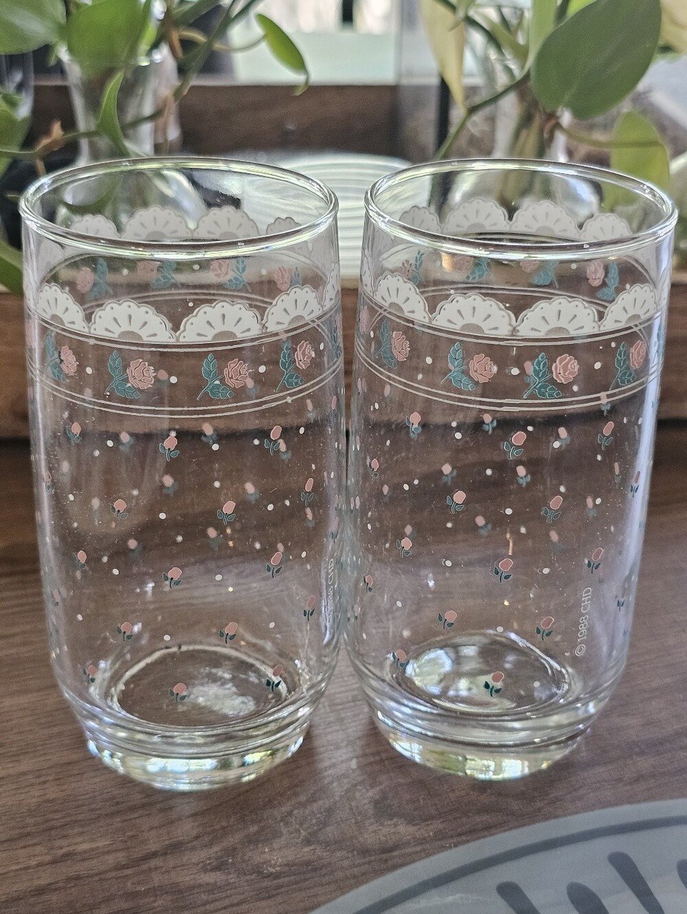 80s Cottagecore Floral Lace Glass Cups CHD Iced Tea Rose Glasses 1988 Victoriana